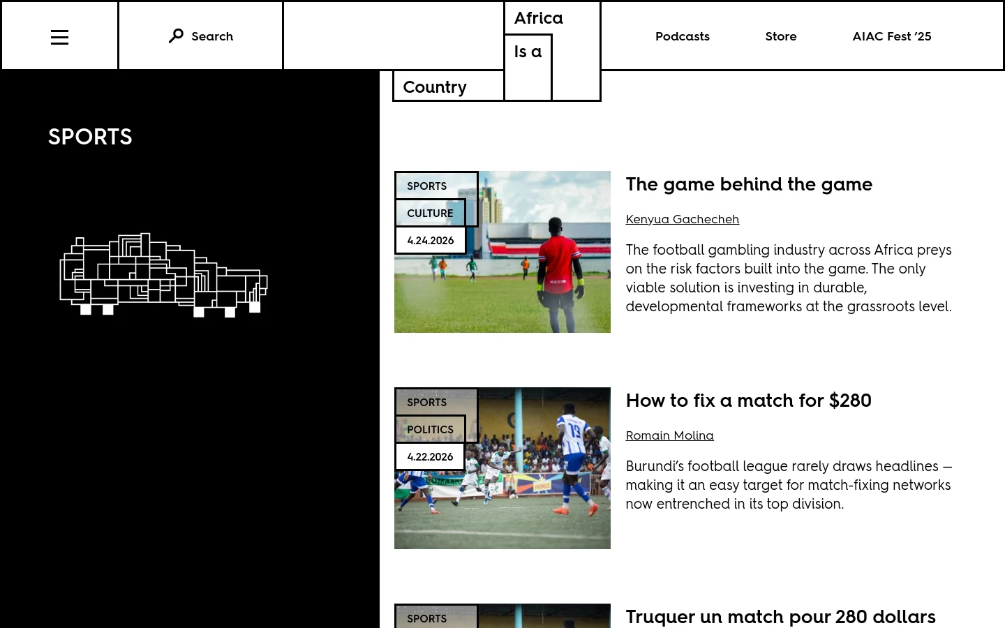 The Sports department page features a high-contrast black and white design with a large white geometric graphic on the left. A vertical list of articles follows, each consisting of a rectangular thumbnail image on the left and a headline, author name, and short summary on the right. The layout uses a clean, minimalist aesthetic with ample white space.