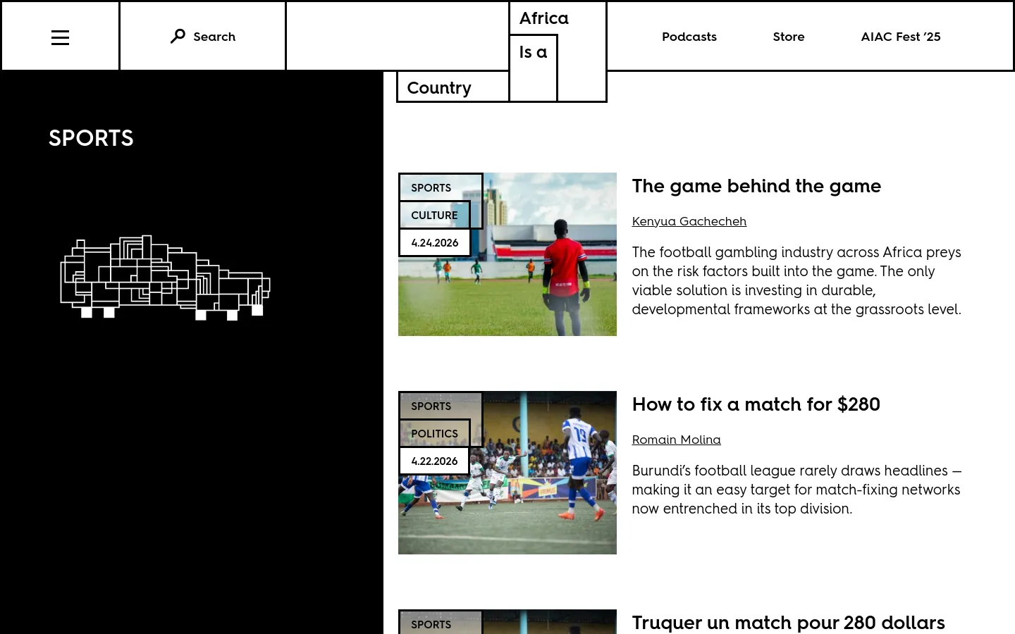The Sports department page features a high-contrast black and white design with a large white geometric graphic on the left. A vertical list of articles follows, each consisting of a rectangular thumbnail image on the left and a headline, author name, and short summary on the right. The layout uses a clean, minimalist aesthetic with ample white space.