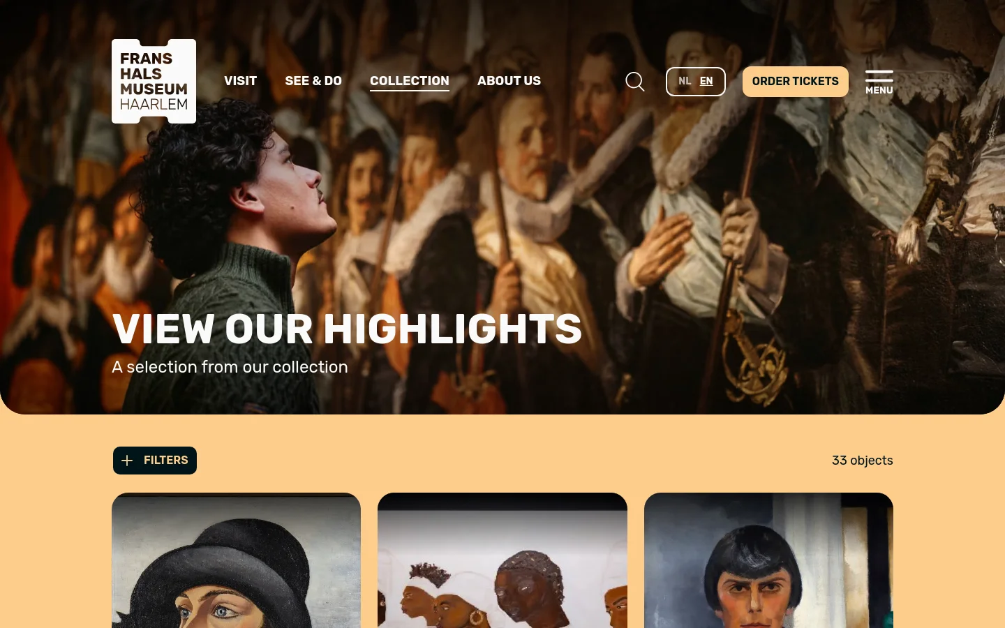 The desktop page features a large hero image of a museum visitor looking at a group portrait, overlaid with the headline 'VIEW OUR HIGHLIGHTS'. Below the hero section, a grid of artwork thumbnails is displayed on a light peach background, accompanied by a 'FILTERS' button and a count of 33 objects.