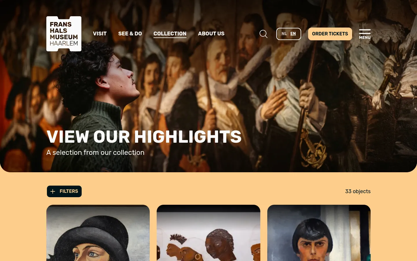 The desktop page features a large hero image of a museum visitor looking at a group portrait, overlaid with the headline 'VIEW OUR HIGHLIGHTS'. Below the hero section, a grid of artwork thumbnails is displayed on a light peach background, accompanied by a 'FILTERS' button and a count of 33 objects.