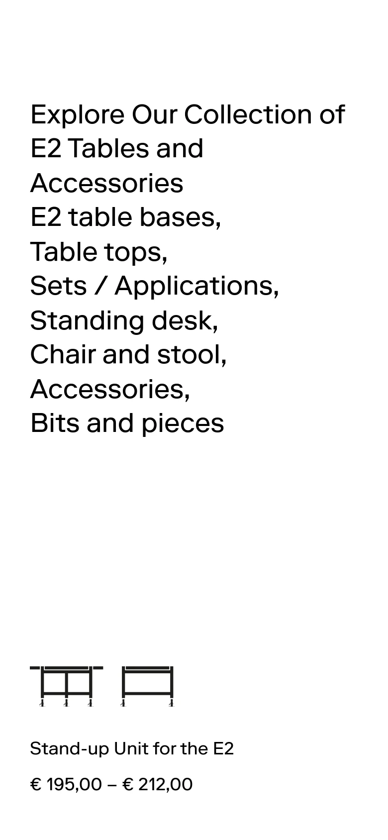 The mobile version presents a single-column layout with the headline and category list stacked vertically. The product grid is simplified into a vertical list where each product card features a line drawing, title, and price range centered or left-aligned.