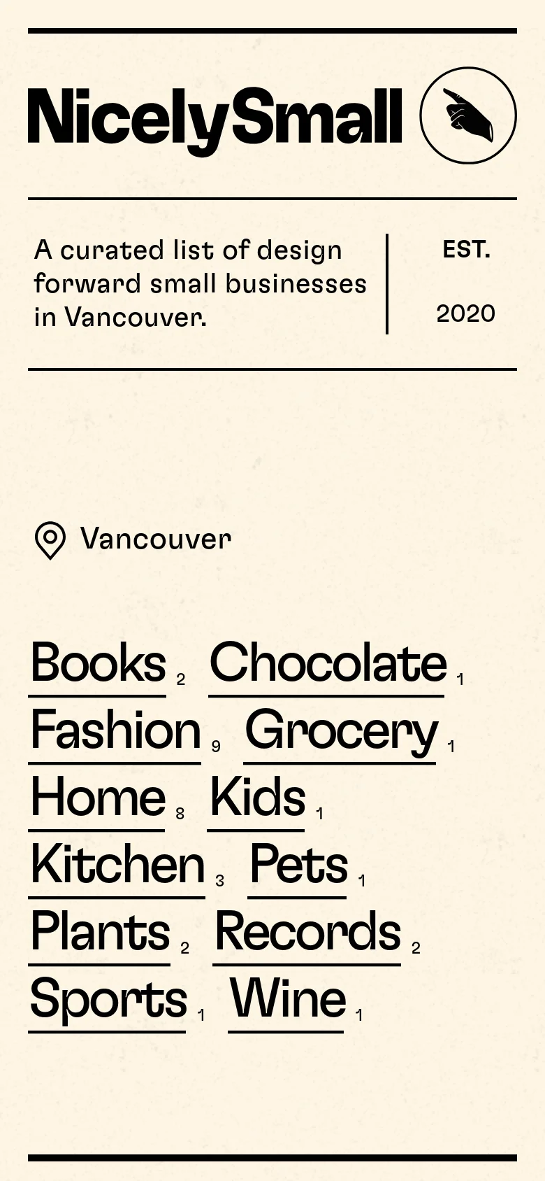 The mobile version maintains the minimalist cream and black aesthetic but uses a stacked layout. The header elements, including the logo and tagline, are arranged vertically to fit the narrower screen. The category menu follows, with the bold, underlined text links wrapping onto multiple lines to accommodate the mobile viewport.