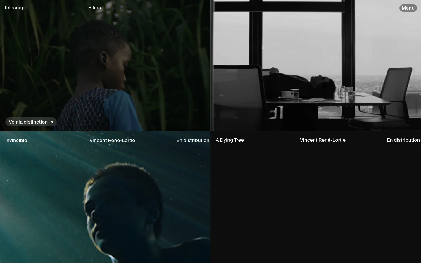 The desktop homepage features a minimalist dark design with large cinematic film stills as background imagery. A navigation bar at the top includes the 'Telescope' logo, 'Films' link, and a 'Menu' button. The main section displays a film title, director, and distribution status overlaid on a large image, accompanied by a 'Voir la distinction' call to action button.