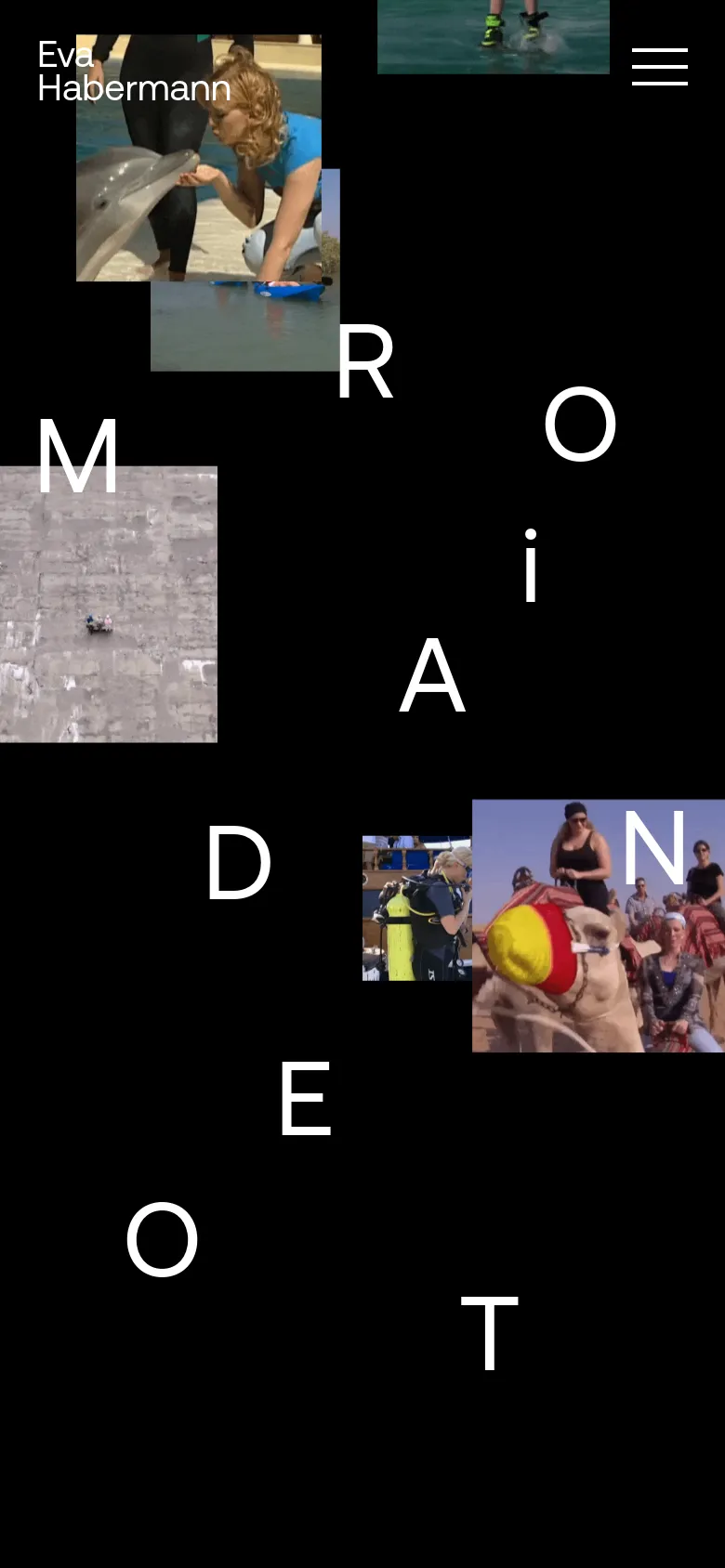The mobile version maintains the black background and scattered white typography of the 'MODERATION' title. The layout is more vertically compressed, with the video clips and large letters stacked, and the navigation is replaced by a three-line hamburger menu icon in the top right.