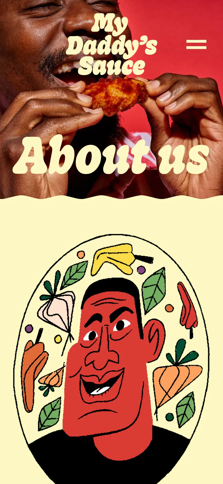 The mobile version presents a vertically stacked layout, starting with a close-up hero image of a person enjoying food, followed by the large 'About us' title. The colorful character illustration and text content are scaled down to fit a narrow single-column view.