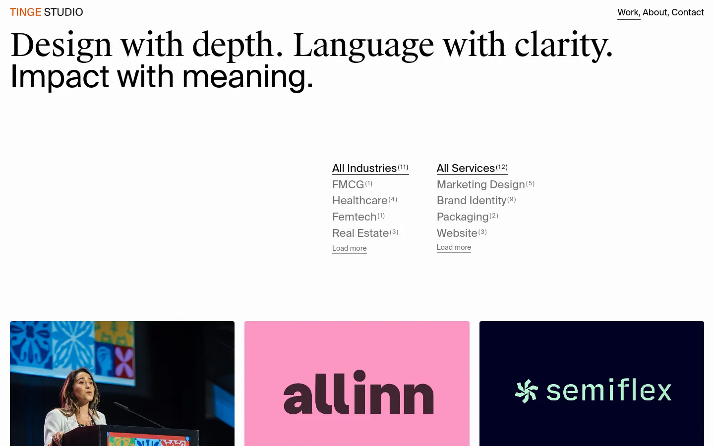 The desktop portfolio page features a minimalist white background with large, elegant serif typography stating 'Design with depth. Language with clarity. Impact with meaning.' Below the headline, two columns of text links allow users to filter projects by industry and service. A grid of large, colorful project thumbnails follows, each displaying a high-quality image, project title, and category tags.