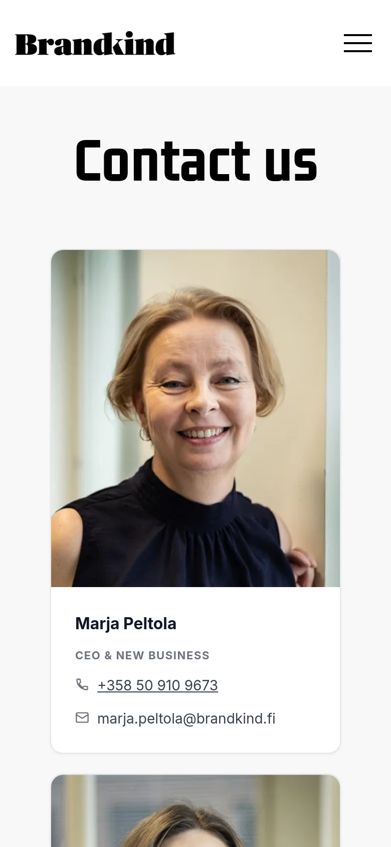 The mobile version of the Contact Us page displays a simplified layout with a centered, large bold headline and a hamburger menu icon at the top right. The team member profiles are stacked vertically in a single column rather than a horizontal row, with each profile showing a large portrait followed by contact details.