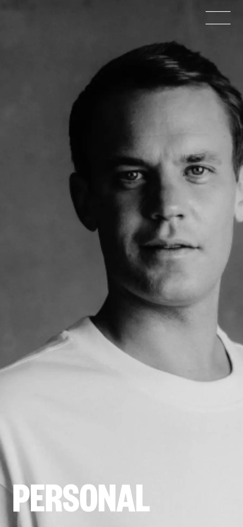 A vertical, close-up black and white portrait of Manuel Neuer. The layout is similar to the desktop version with the word 'PERSONAL' in large white text at the bottom and a menu icon at the top, but the image is tightly cropped to focus on his face and shoulders.