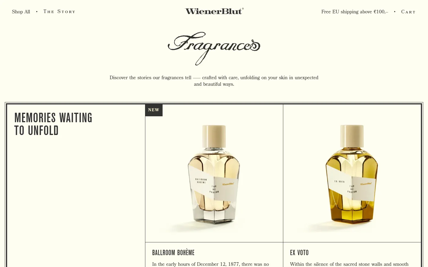 The desktop page features a minimalist design with a cream background and elegant serif typography. A large 'Fragrances' header sits above a descriptive subtext, followed by a grid layout showcasing perfume bottles like 'Ballroom Bohème' and 'Ex Voto' alongside their names, descriptions, and prices.