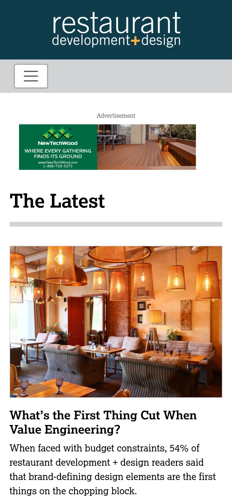 The mobile version features a simplified layout with a dark teal header containing the logo and a hamburger menu icon. The NewTechWood advertisement is scaled down to fit the width, and the 'The Latest' section follows with a single-column vertical stack of large images and text content.