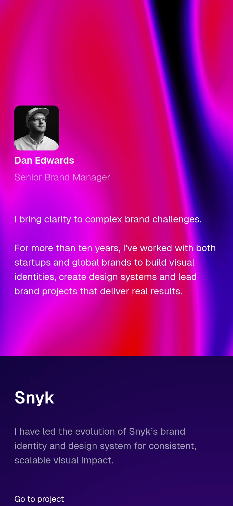 The mobile version maintains the same pink and purple abstract gradient background and white typography. The layout is vertically stacked, with the profile image, name, and introductory text centered or left-aligned to fit the narrower screen width.