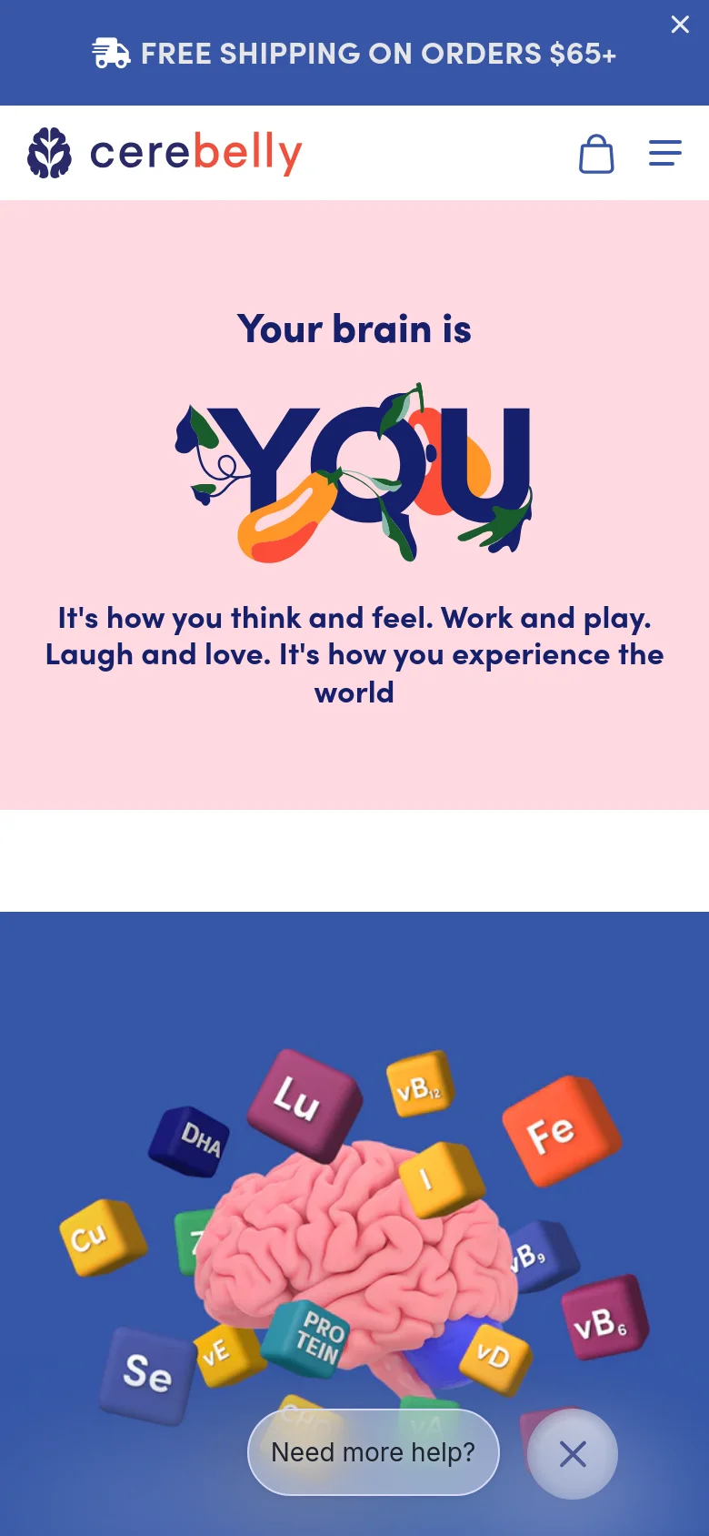 The mobile version presents a vertically stacked layout on a light pink background, centering the 'YOU' vegetable graphic and text for easier scrolling. The top navigation is condensed into a hamburger menu and a shopping bag icon, while the blue 'Free Shipping' banner remains prominent at the top.