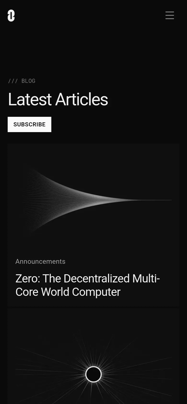 The mobile version maintains the dark theme and 'Latest Articles' headline but uses a stacked vertical layout. The 'SUBSCRIBE' button is positioned below the headline, and the featured article with its abstract graphic and text description occupies the full width of the screen.