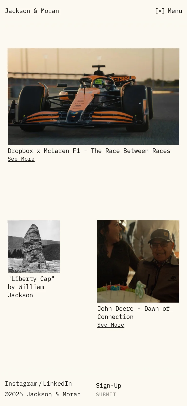 The mobile version presents a single-column vertical scroll of large, full-width project images and headlines on a white background. The top navigation is condensed into a 'Menu' button, and the hero image of the racing car is followed by stacked project tiles like 'Liberty Cap' and 'John Deere'. Footer information including social links and a sign-up field is centered at the bottom.