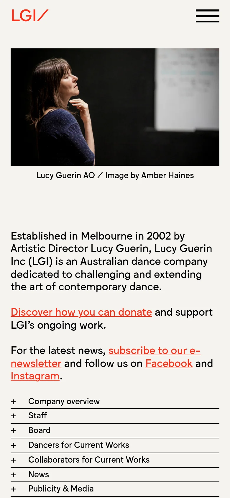 Lucy Guerin Inc About Us mobile website screenshot