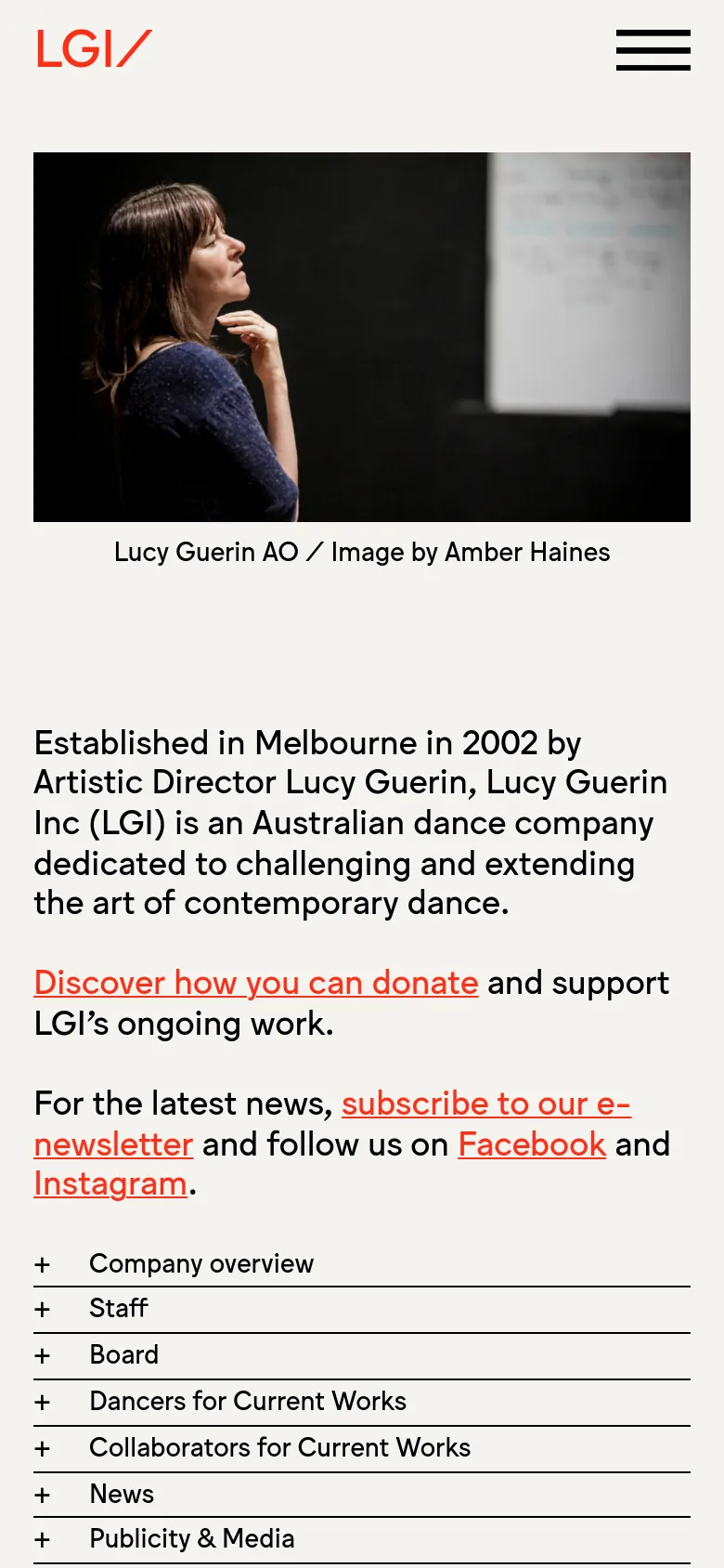 Lucy Guerin Inc About Us mobile website screenshot