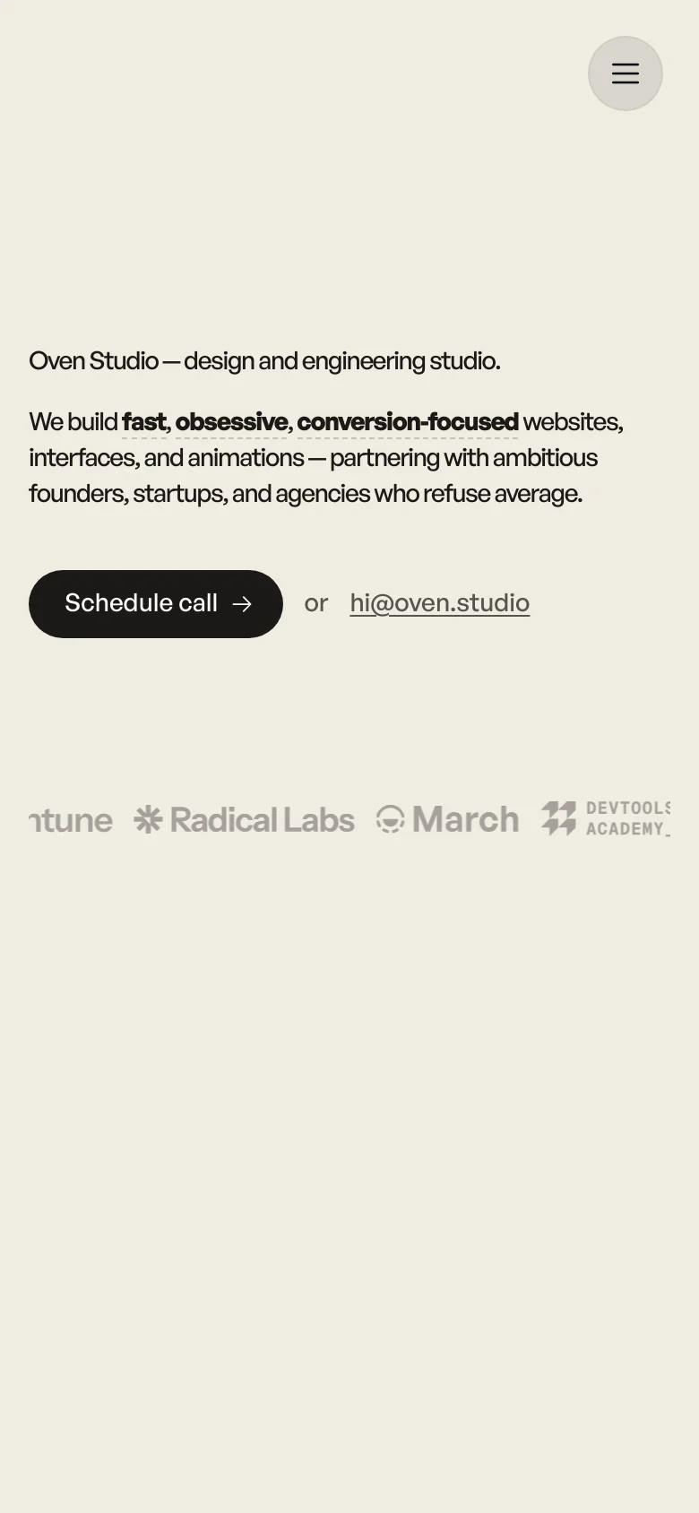 The mobile version simplifies the layout with a centered hamburger menu icon in the top right corner. The hero text and 'Schedule call' button are stacked vertically to fit the narrow screen, maintaining the minimalist cream and black color scheme. The client logo section is also rearranged to fit the vertical mobile viewport.
