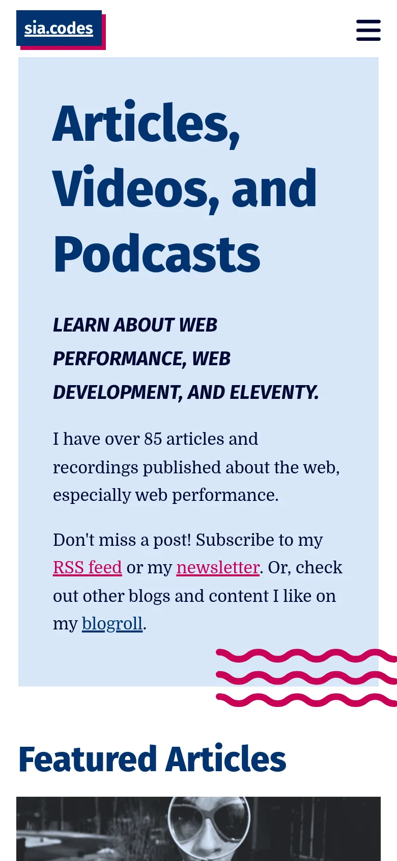 The mobile version of the page features a simplified layout where the hero section's text and blue background stack vertically. The navigation menu is collapsed into a hamburger icon in the top right corner, and the featured articles are arranged in a single-column vertical list instead of a grid.