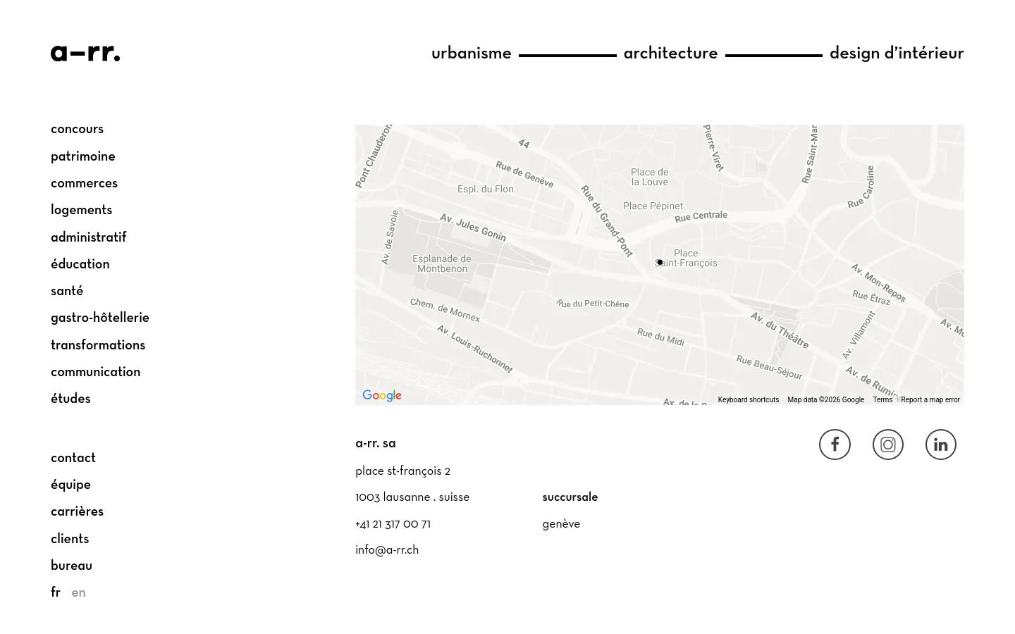 The contact page features a minimalist design with a large Google Map occupying the upper right section. To the left, a vertical navigation menu lists various services and company links, while the bottom section displays the company address, phone number, email, and social media icons in black text on a white background.
