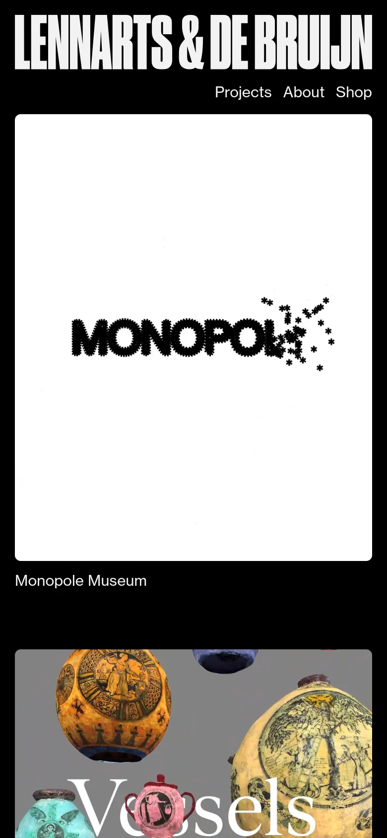 The mobile version uses a simplified layout with the studio name in a smaller black header above the navigation links. The project tiles are stacked vertically, showing large, full-width images with white text labels at the bottom of each image, maintaining the high-contrast black and white color scheme.