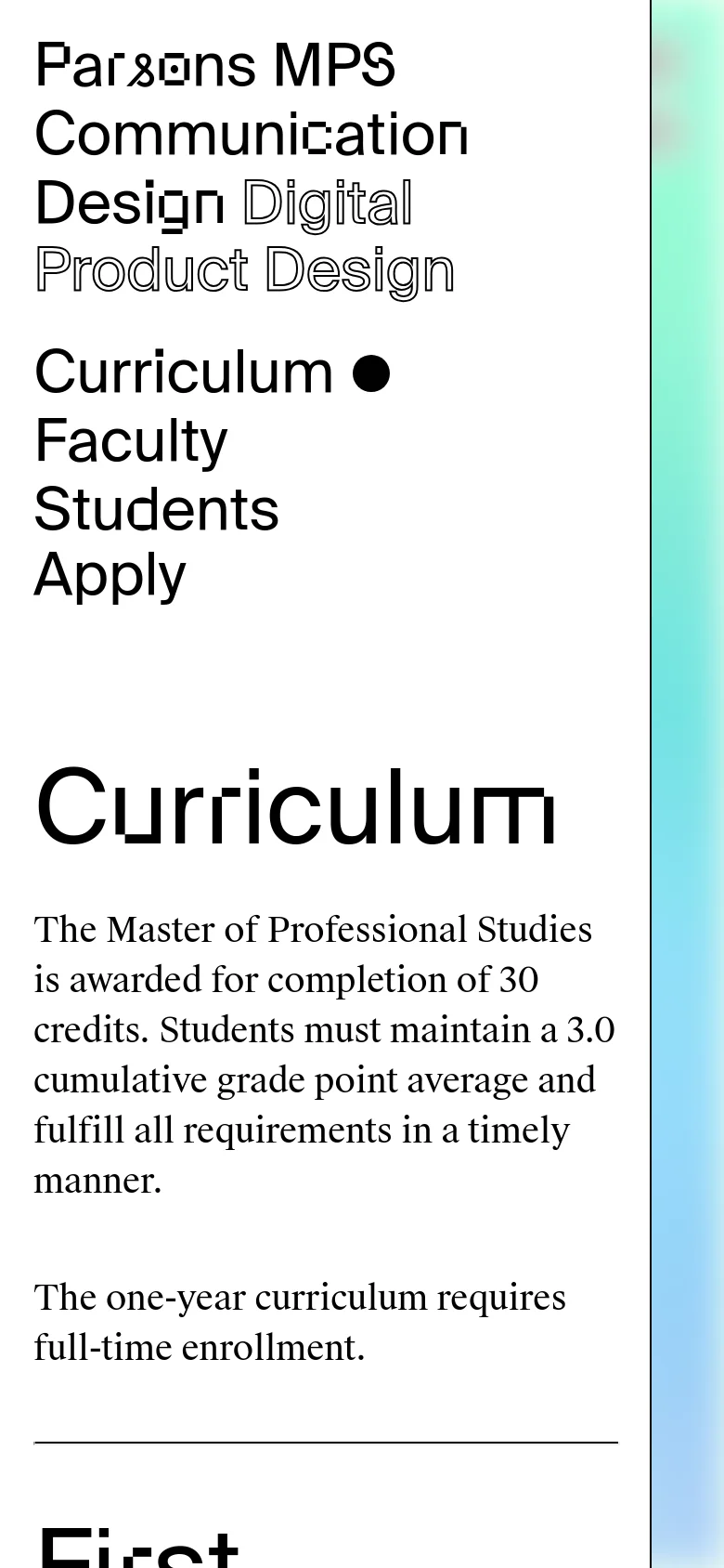 The mobile version presents a single-column layout with the program title and navigation links at the top. The 'Curriculum' heading and descriptive text are stacked vertically above the course list, and the large gradient background is shifted to the right side of the screen.