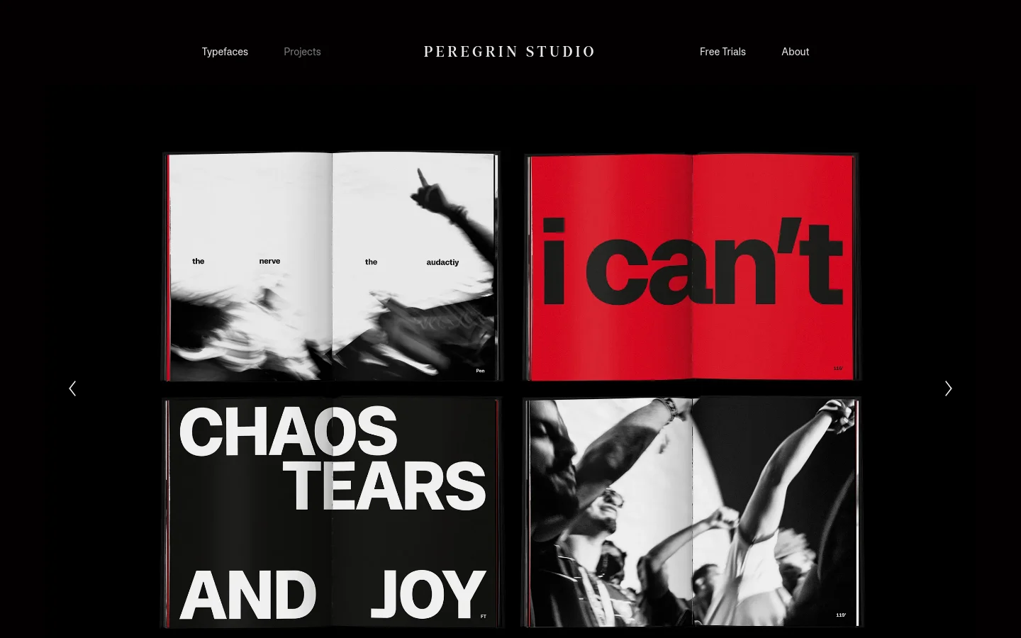The desktop version of the Projects page features a minimalist black background with a white navigation menu at the top. A large grid displays high-contrast, black-and-white and red-and-black photography of book spreads, including bold typography that reads 'i can't' and 'CHAOS TEARS AND JOY'.