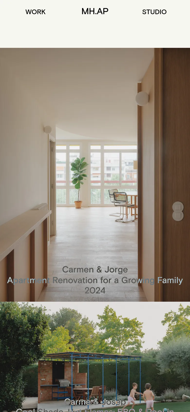 The mobile version maintains the minimalist white aesthetic and navigation menu but transitions to a single-column vertical layout. The project images and text descriptions are stacked vertically, making each architectural photograph the primary focus as the user scrolls down the page.