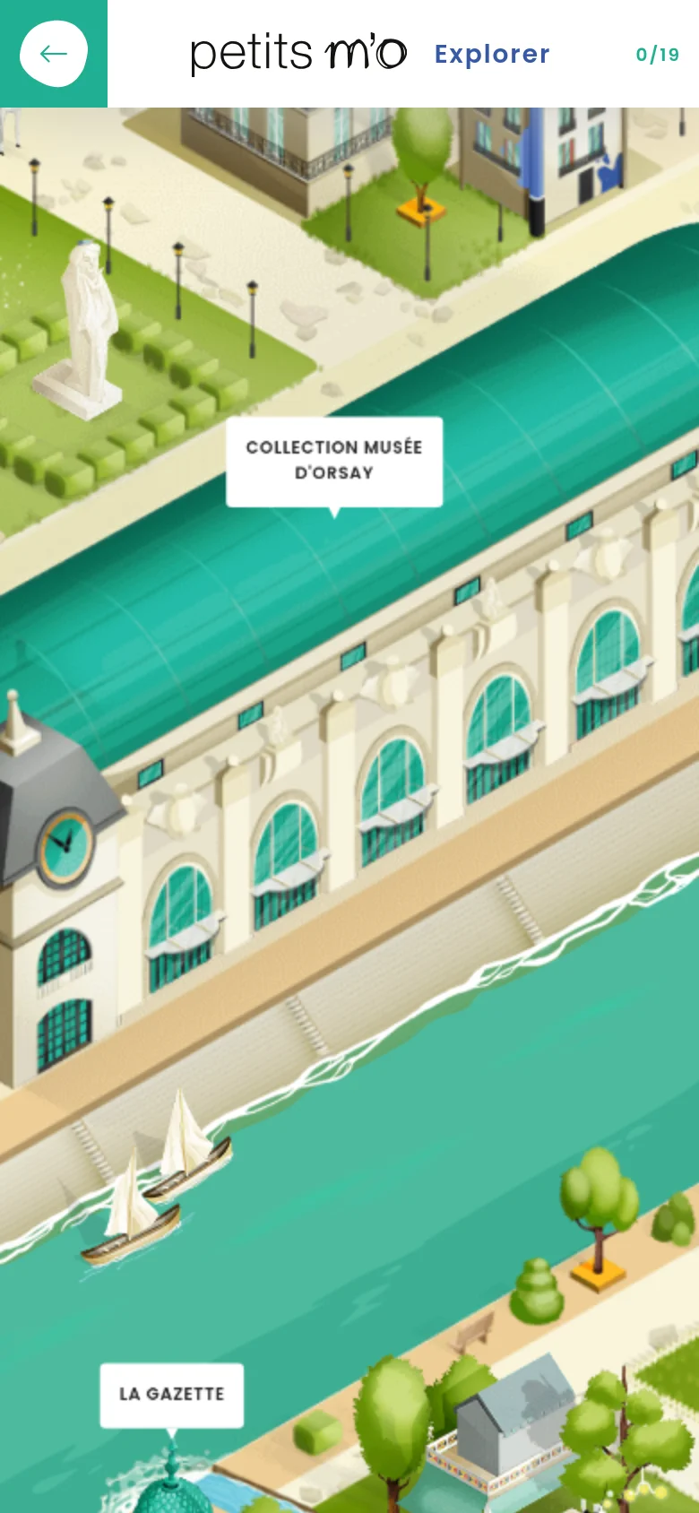 A vertically oriented, zoomed-in version of the isometric Parisian illustration designed for mobile screens. The view focuses on the Musée d'Orsay building and the river, with a simplified header containing the logo and a back button. The interactive labels and landscape elements appear larger to accommodate a portrait aspect ratio.