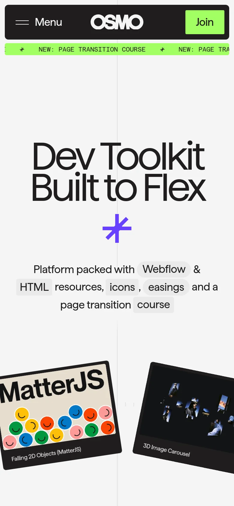 The mobile version maintains the minimalist light gray aesthetic but uses a vertically stacked layout. The large 'Dev Toolkit Built to Flex' headline is centered, followed by the descriptive subheadline and a single-column view of the dark preview cards. The top navigation bar is prominent, featuring a dark background with a lime green 'Join' button and a scrolling announcement ticker.