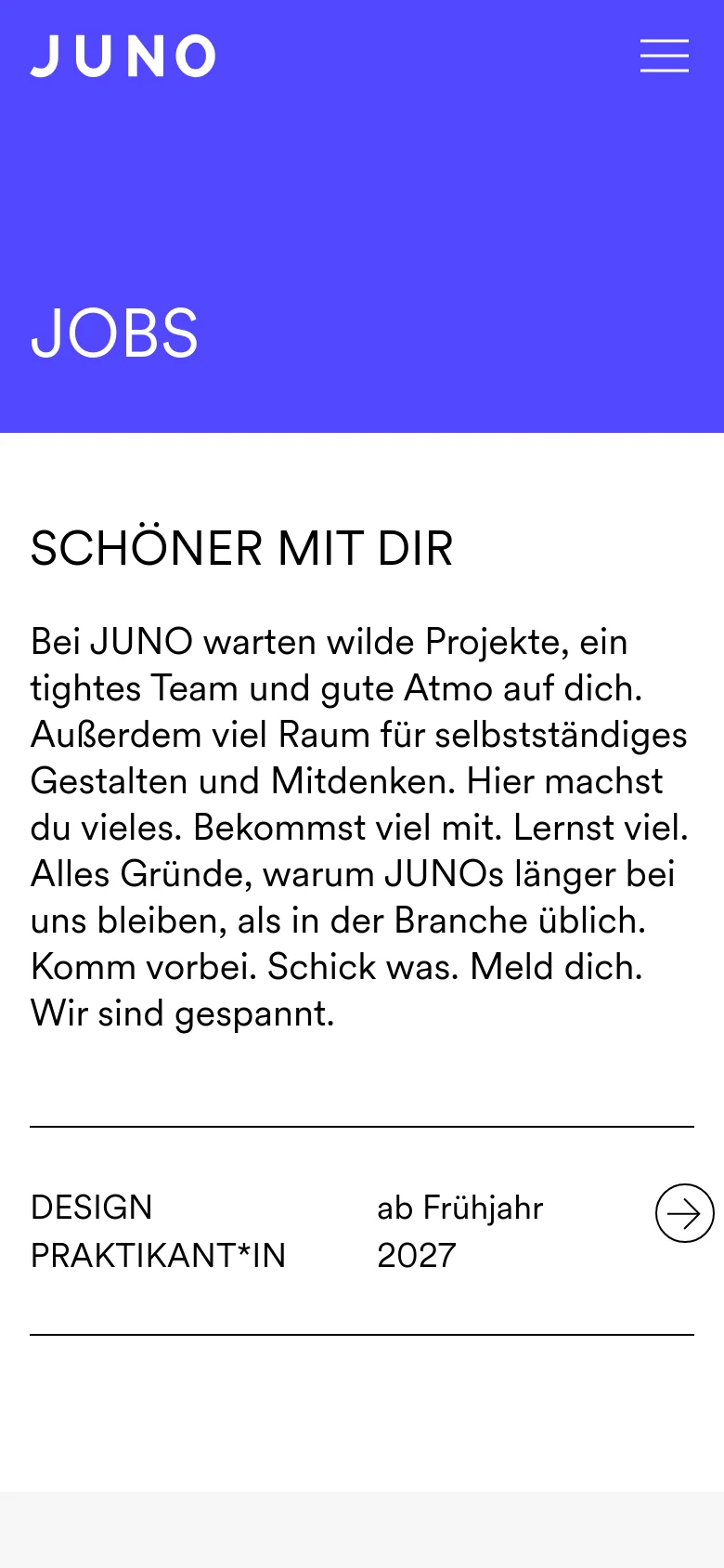 The mobile version maintains the blue hero section with 'JOBS' text but replaces the desktop navigation menu with a white hamburger icon. The content below follows a single-column layout with the headline, descriptive text, and the job listing appearing in a vertical stack on a white background.