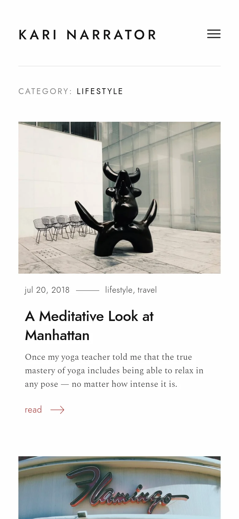 The mobile version simplifies the layout into a single-column vertical stack. The header features the 'Kari Narrator' logo centered above a hamburger menu icon, and the 'Category: Lifestyle' heading is followed by a large, full-width featured image for the top post. Below the image, the post title, date, and excerpt are displayed in a centered, vertical arrangement.