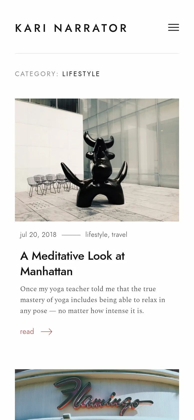 The mobile version simplifies the layout into a single-column vertical stack. The header features the 'Kari Narrator' logo centered above a hamburger menu icon, and the 'Category: Lifestyle' heading is followed by a large, full-width featured image for the top post. Below the image, the post title, date, and excerpt are displayed in a centered, vertical arrangement.