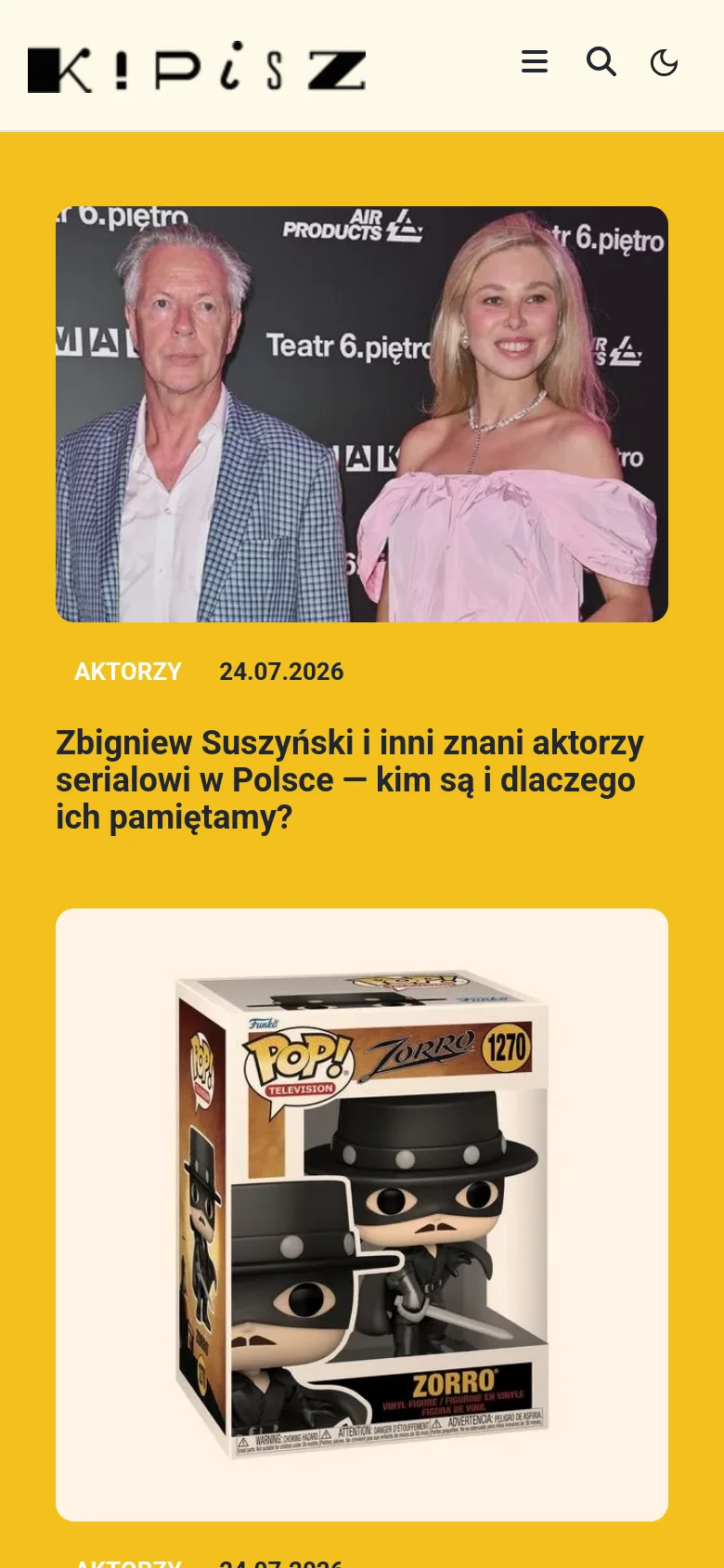 The mobile version presents a simplified vertical layout with a hamburger menu and search icon in the header. The content shifts to a single-column stack of large, full-width article cards on a yellow background, prioritizing high-impact imagery and bold headlines for easy scrolling.