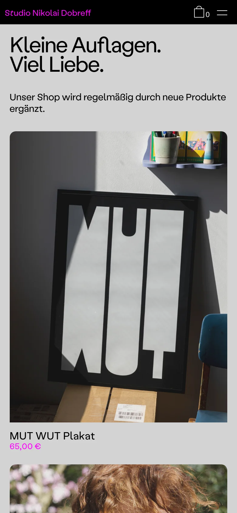 The mobile version uses a vertical layout with the studio name and a shopping bag icon in a black header. The large headline and subtext are stacked at the top, followed by a single-column scroll of large product images and their respective titles and prices.