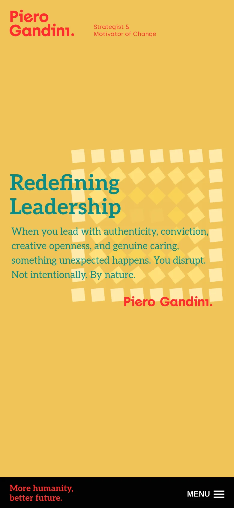 The mobile version maintains the yellow background and teal 'Redefining Leadership' headline but uses a vertical stack layout. The geometric square pattern is centered behind the text, and a black bottom bar contains the 'More humanity, better future' slogan and a hamburger menu icon.
