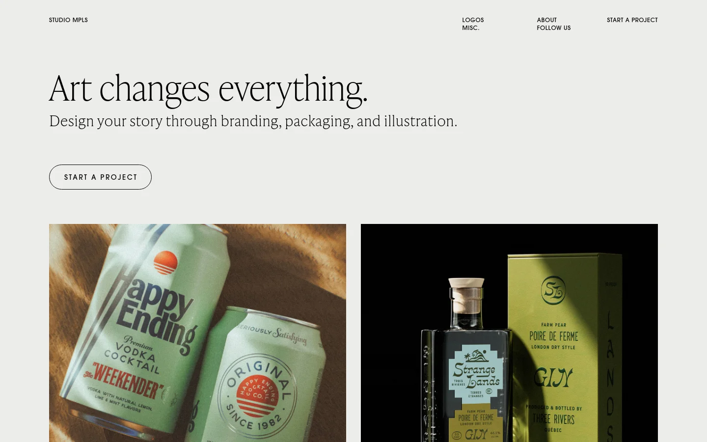 The Studio MPLS homepage features a minimalist design with a light beige background and elegant serif typography. The hero section displays the headline 'Art changes everything' above a 'START A PROJECT' button, followed by a grid of large, high-quality project images showcasing branding and packaging work.