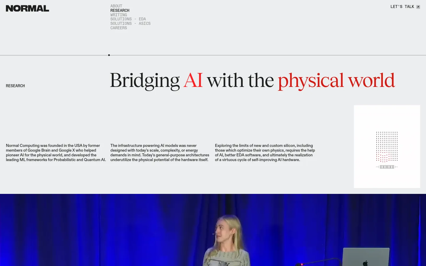 The desktop Research page features a minimalist white background with a large headline reading 'Bridging AI with the physical world' in black and red text. The layout uses a multi-column grid to display text descriptions alongside a geometric red dot pattern graphic and a large hero video section below. A clean navigation menu is located at the top left, with a 'LET'S TALK' call to action at the top right.
