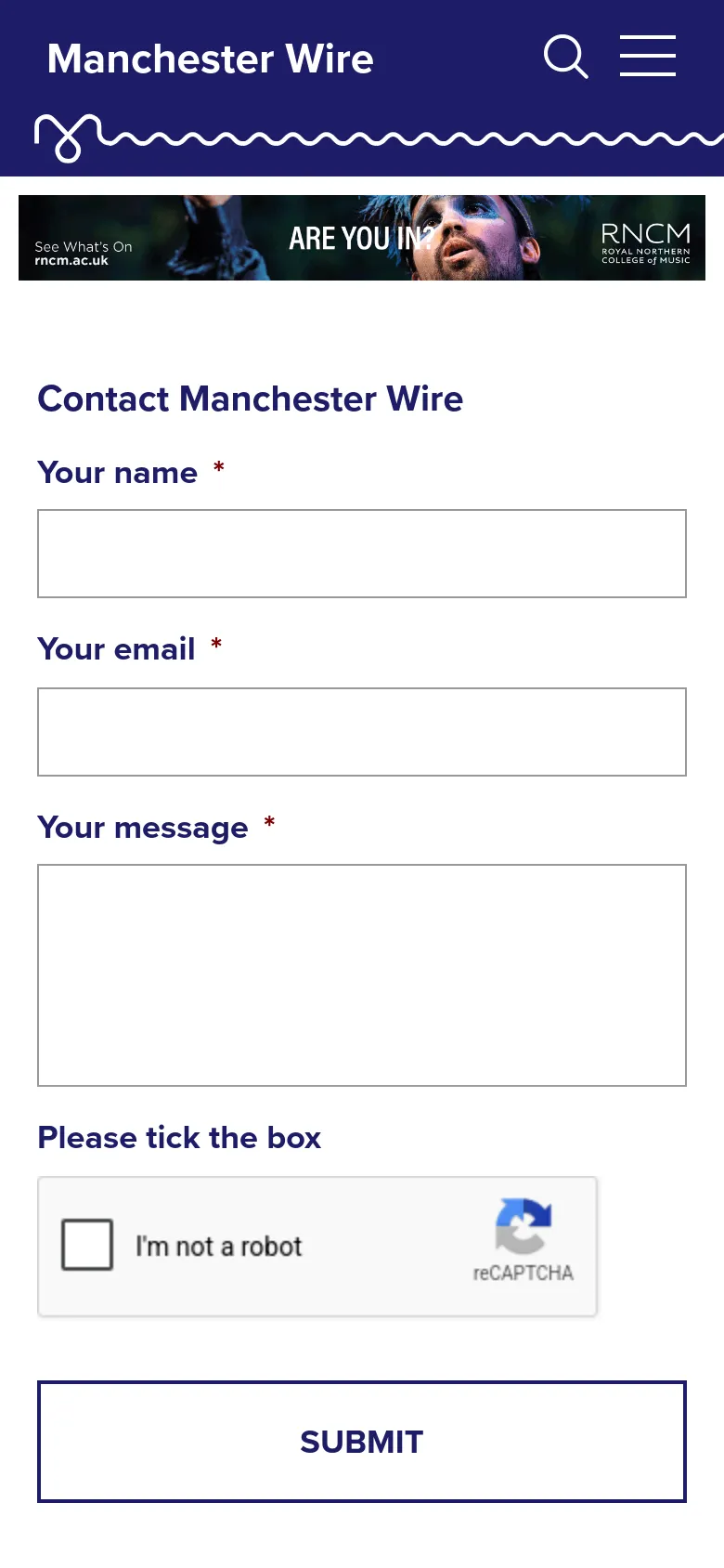 The mobile version presents a condensed view with a hamburger menu and search icon in the dark blue header. The layout is vertically stacked, showing the cosmic banner advertisement followed by the contact form fields and the 'SUBMIT' button, optimized for a narrow screen.