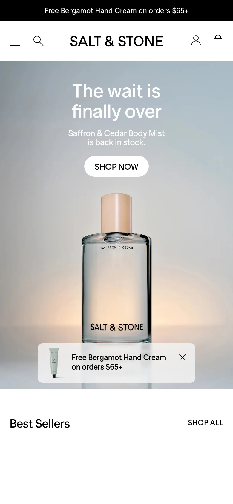 The mobile version uses a vertically stacked layout, centering the hero text 'The wait is finally over' and the 'SHOP NOW' button above the product imagery. The navigation menu is condensed into a hamburger icon, and the promotional banner appears as a floating overlay at the bottom of the hero section.