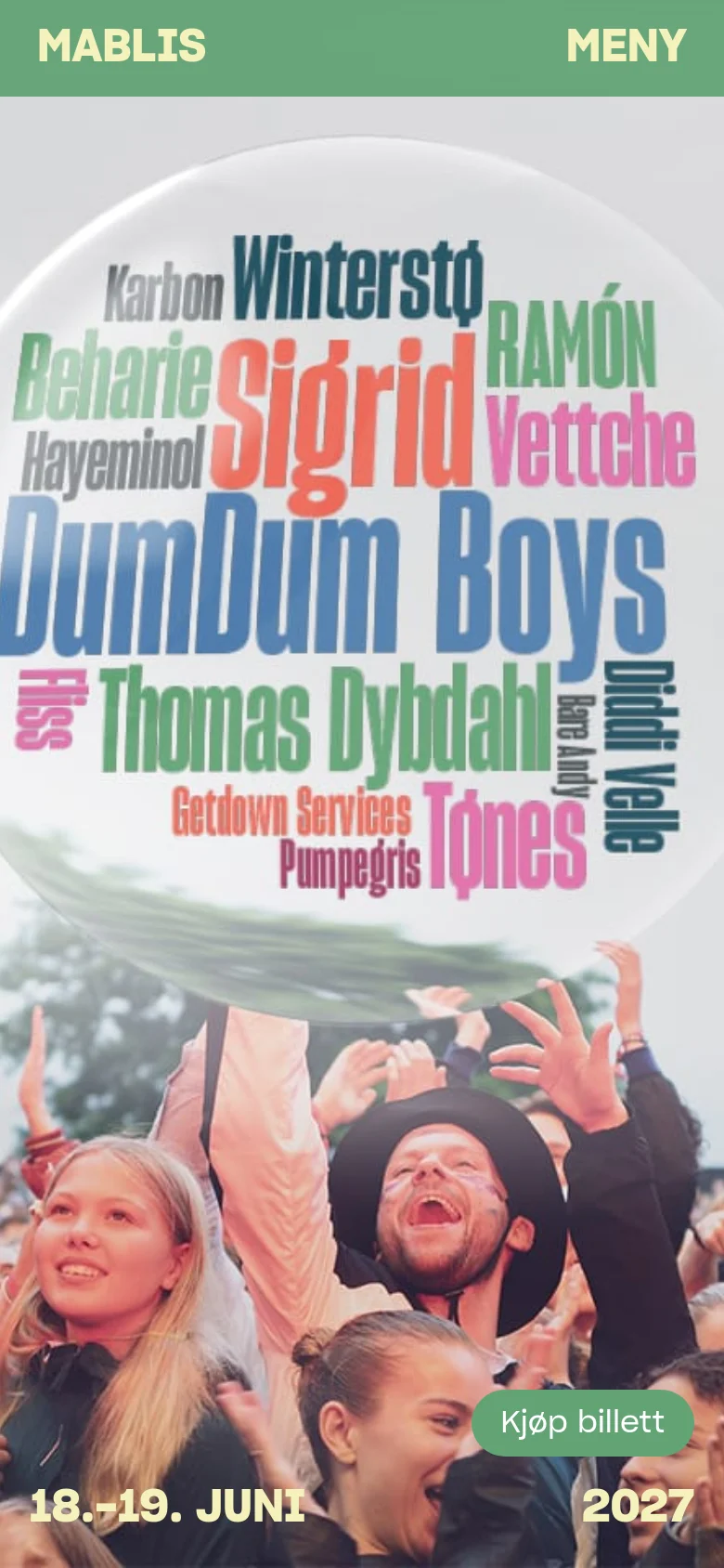 The mobile version presents a vertically oriented view of the festival hero image, focusing on the crowd and the artist name bubble. The green header and footer remain, but the layout is condensed to fit the narrow screen, emphasizing the 'Kjøp billett' button and the festival dates.