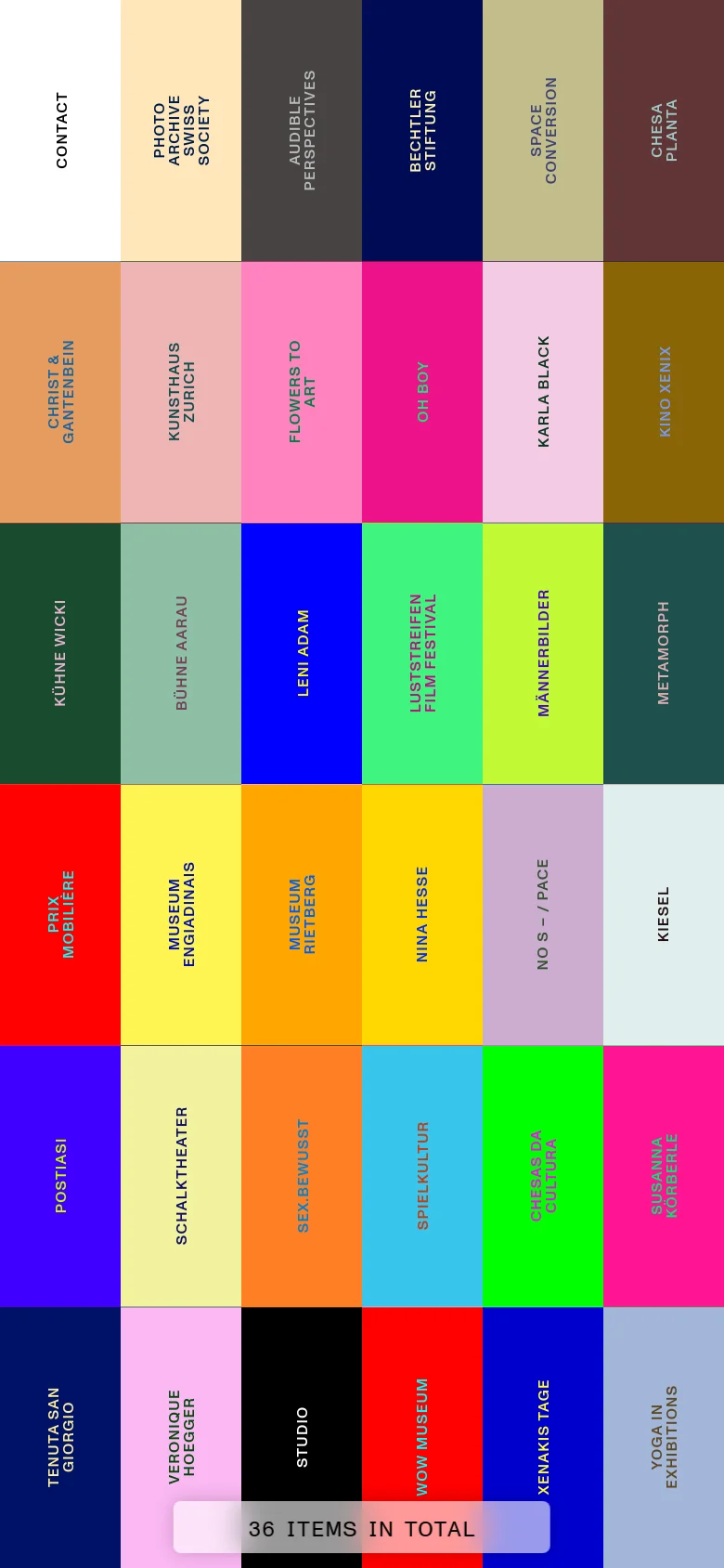 The mobile version maintains the colorful grid layout but scales the tiles into a vertical, single-column or narrower multi-column view for easier scrolling. The text remains legible, and the navigation links are condensed, while the '36 items in total' footer remains prominent at the bottom.