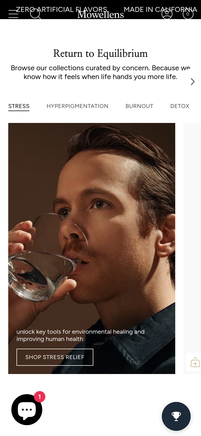 The mobile version maintains the minimalist white and dark theme but uses a stacked vertical layout. The header is condensed, and the 'Return to Equilibrium' section features a single-column view of the lifestyle imagery and product cards. Navigation and chat icons are prominently placed at the bottom of the screen for easy thumb access.
