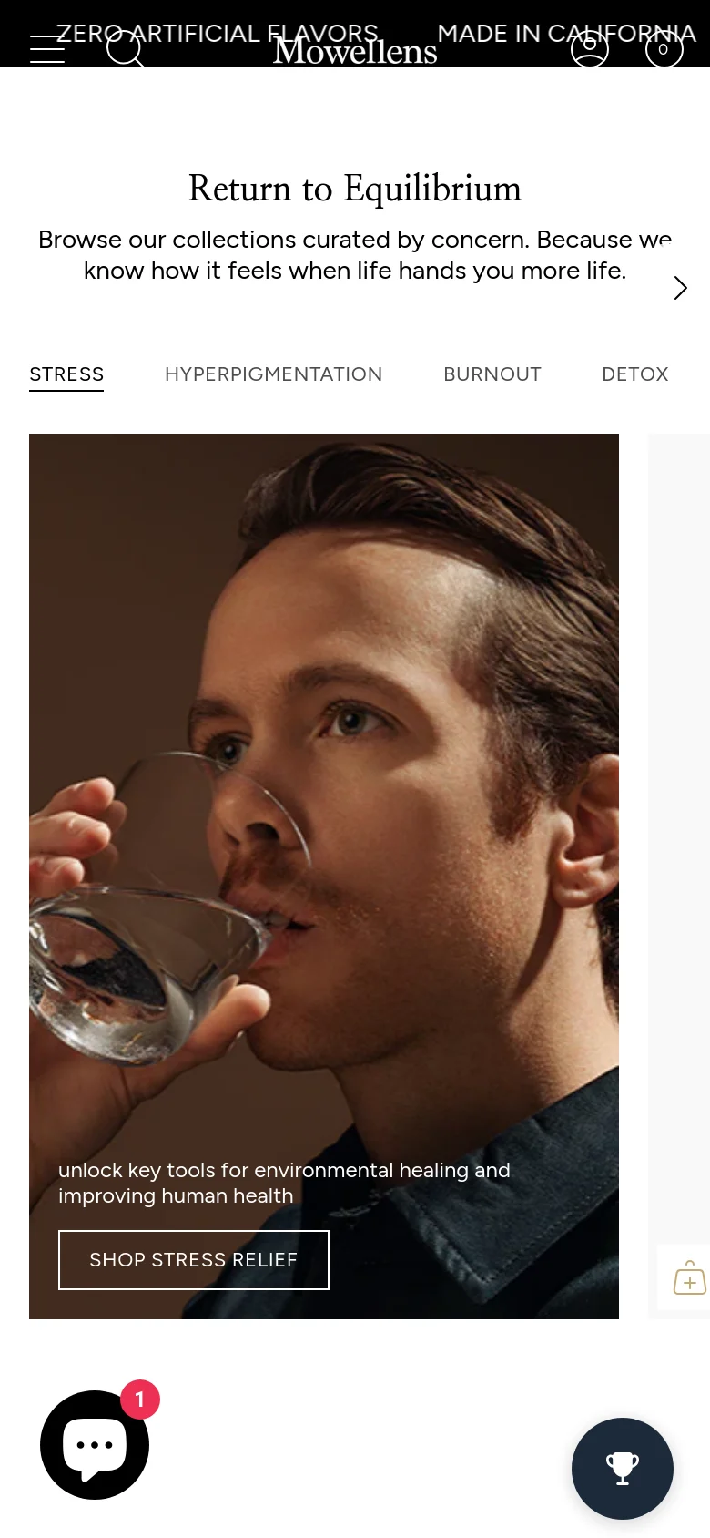 The mobile version maintains the minimalist white and dark theme but uses a stacked vertical layout. The header is condensed, and the 'Return to Equilibrium' section features a single-column view of the lifestyle imagery and product cards. Navigation and chat icons are prominently placed at the bottom of the screen for easy thumb access.