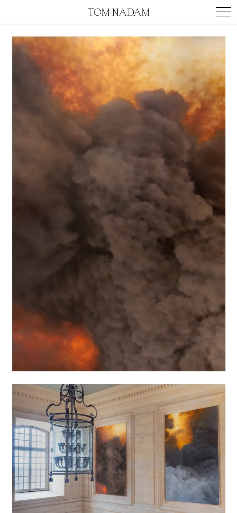 The mobile version simplifies the layout with the artist's name centered at the top and a hamburger menu icon on the right. The artwork is displayed in a single-column vertical scroll, featuring large, full-width images of expressive oil paintings.