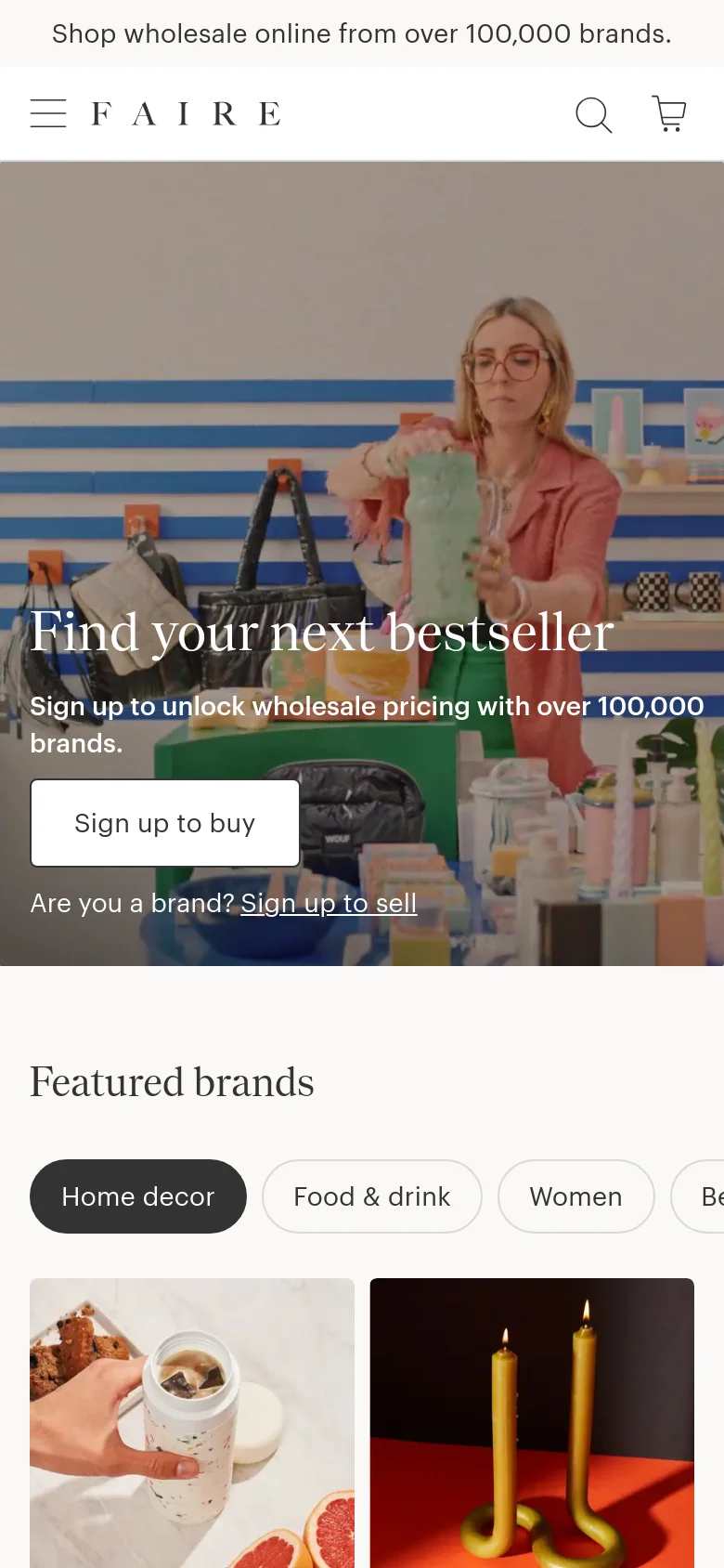 The mobile version presents a vertically stacked layout with a condensed header containing a menu icon, logo, search, and shopping cart. The hero section features the same headline and call-to-action button over a centered lifestyle image, while the category navigation is displayed as a horizontally scrollable list of rounded buttons.