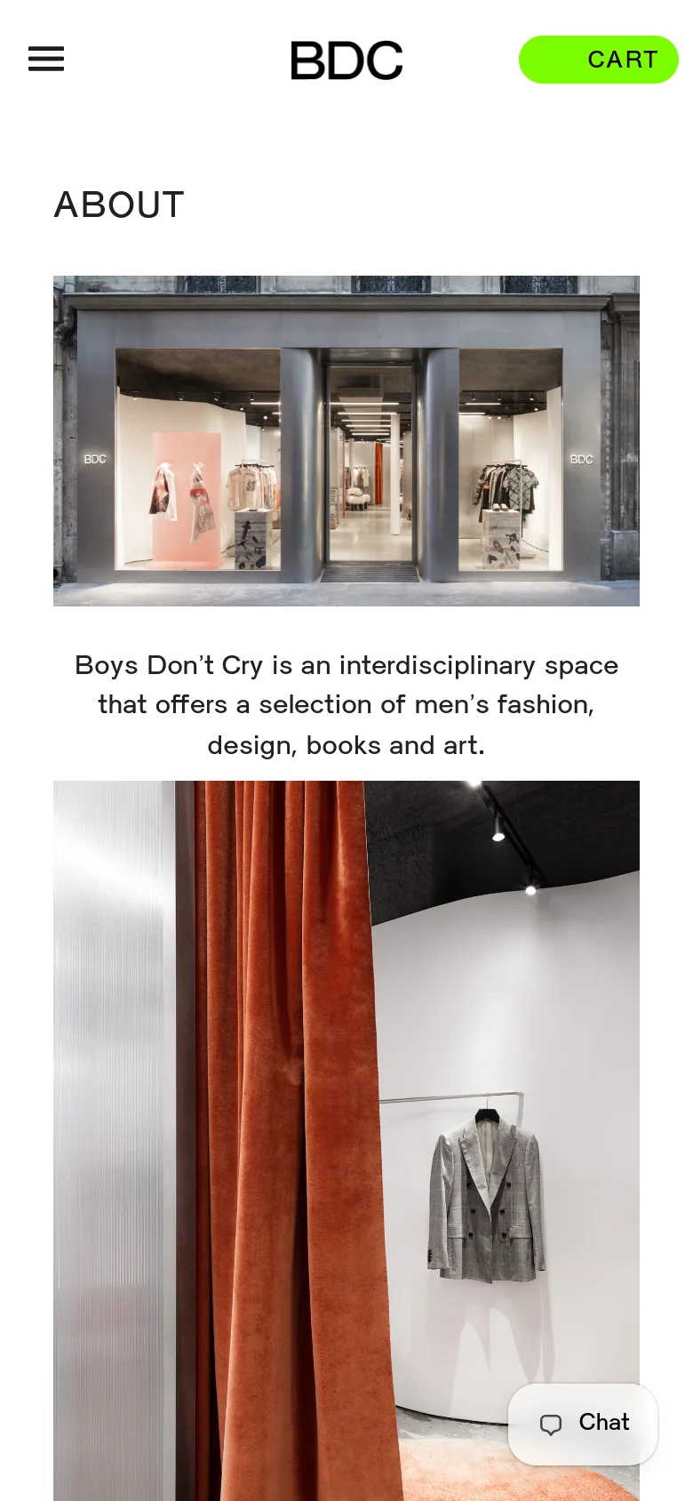 The mobile version displays a simplified header with a hamburger menu icon, the BDC logo, and a prominent bright green 'CART' button. The content follows a single-column vertical scroll, showing the 'ABOUT' heading, the storefront image, and the descriptive text about the boutique's offerings.