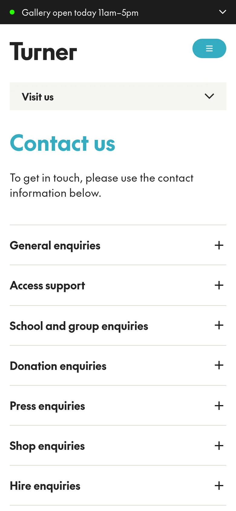 The mobile version simplifies the layout by removing the left-hand sidebar and replacing it with a 'Visit us' dropdown menu at the top. The main content area remains focused on the 'Contact us' heading and the vertical list of expandable accordion sections for various enquiry categories.