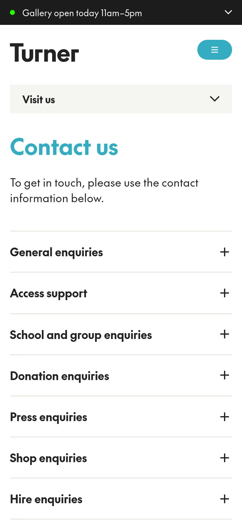 The mobile version simplifies the layout by removing the left-hand sidebar and replacing it with a 'Visit us' dropdown menu at the top. The main content area remains focused on the 'Contact us' heading and the vertical list of expandable accordion sections for various enquiry categories.