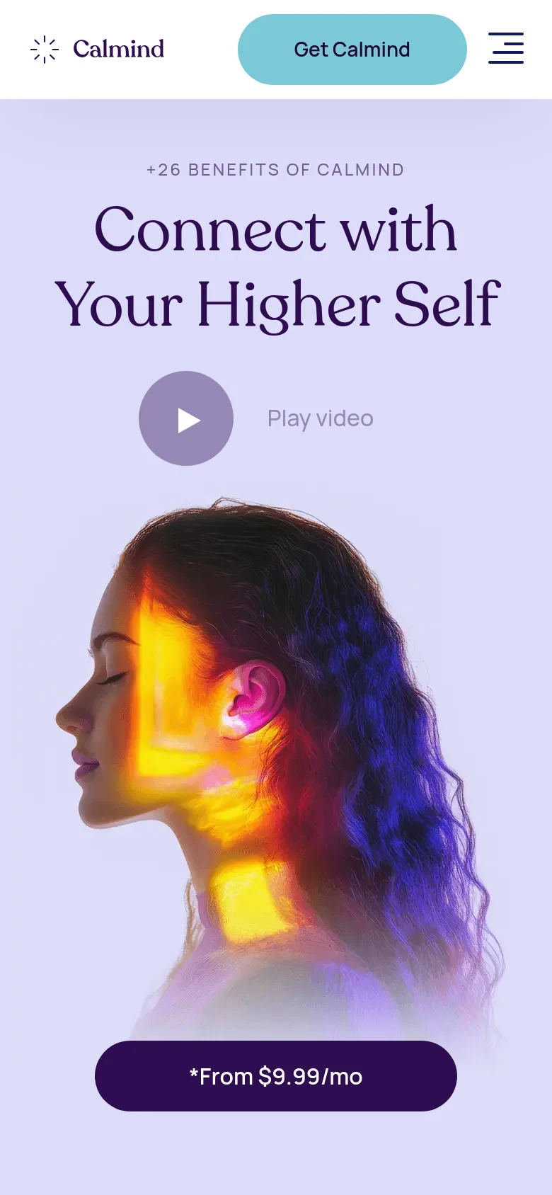 The mobile version uses a vertically stacked layout optimized for small screens. The navigation is condensed into a hamburger menu next to the logo, and the hero text 'Connect with Your Higher Self' is centered above a large play button and a prominent dark purple pricing button. The colorful portrait of the woman is positioned below the text and buttons, filling the lower half of the screen.