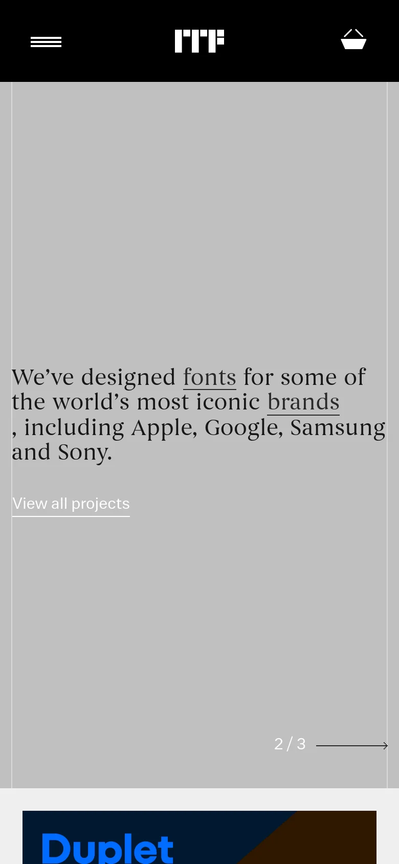 The mobile version simplifies the layout, presenting the same serif headline and 'View all projects' link centered on a light gray background. The navigation bar is condensed into a black header featuring a hamburger menu icon, the ITF logo, and a shopping bag icon. The slider indicator is positioned at the bottom right of the hero section.